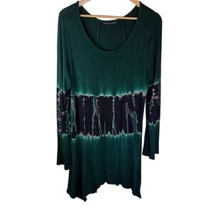 The Pyramid Collection Tunic Top XL Teal Black Tie-Dye Handkerchief Hem Boho USA